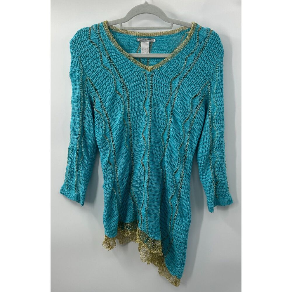 Vintage y2k Knit Alberto Makali Blue Gold Asymmetrical Sweater Large